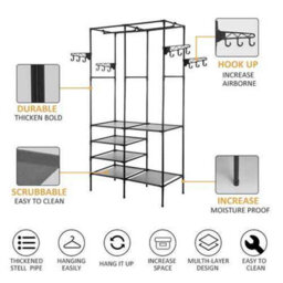 Heavy Duty Clothes Rail Rack 108X36X170Cm Black Metal Garment Hanging Stand With Shelves - thumbnail 3