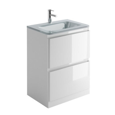 Plum&clay Marvel Gloss White Floor Standing Bathroom Vanity Unit With White Glass Basin (W)600mm - image 1