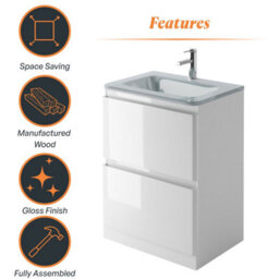 Plum&clay Marvel Gloss White Floor Standing Bathroom Vanity Unit With White Glass Basin (W)600mm - thumbnail 6