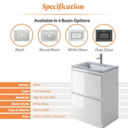 Plum&clay Marvel Gloss White Floor Standing Bathroom Vanity Unit With White Glass Basin (W)600mm - thumbnail 5