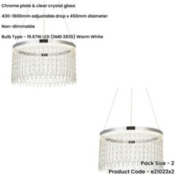 Loops 2 Pack Hanging Ceiling Pendant Light - Chrome Plate & Clear Crystal Glass - 19.67W Led (Smd 2835) Warm White - thumbnail 2