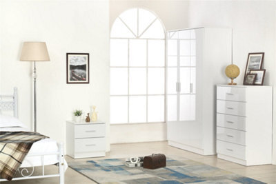 Reflect 3 Door Plain Wardrobe, 5 Drawer Chest, 2 Drawer Bedside - White Gloss & Matt White - Modern Bedroom Furniture Set - image 1