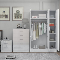 Reflect 3 Door Plain Wardrobe, 5 Drawer Chest, 2 Drawer Bedside - White Gloss & Matt White - Modern Bedroom Furniture Set - thumbnail 4