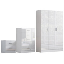 Reflect 3 Door Plain Wardrobe, 5 Drawer Chest, 2 Drawer Bedside - White Gloss & Matt White - Modern Bedroom Furniture Set - thumbnail 5