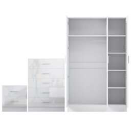 Reflect 3 Door Plain Wardrobe, 5 Drawer Chest, 2 Drawer Bedside - White Gloss & Matt White - Modern Bedroom Furniture Set - thumbnail 6