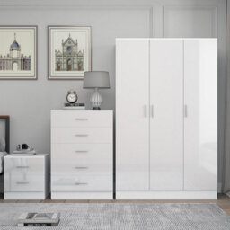 Reflect 3 Door Plain Wardrobe, 5 Drawer Chest, 2 Drawer Bedside - White Gloss & Matt White - Modern Bedroom Furniture Set - thumbnail 3