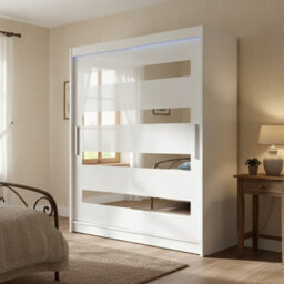 Sliding Wardrobe Westa Xiii 150 Cm With Mirror Panels And Rgb Led Lights White - thumbnail 2