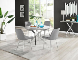 Furniturebox Uk Novara Grey Concrete Effect 120Cm Round Dining Table & 4 Grey Pesaro Silver Chairs