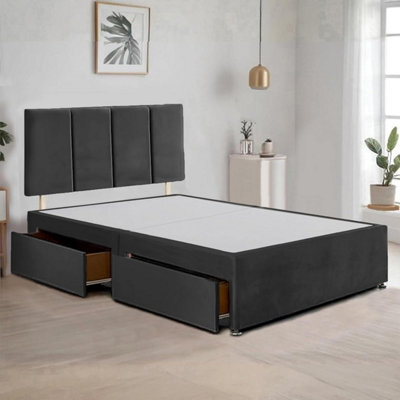 Black Plush Fabric 4Ft Small Double Bed Frame With 20 Inch Vertical Line Headboard And 2 Drawers - image 1