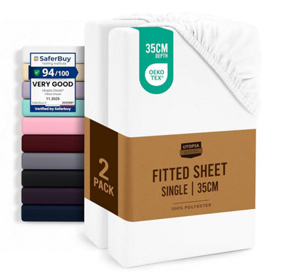 Utopia Bedding Fitted Sheet Single (2 Pack), White - Deep Pocket 14 Inch (35 Cm) - Oeko Tex Certified - Easy Care - Soft Brushed