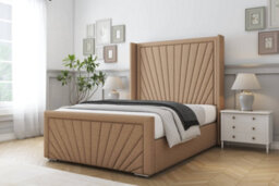 "Sloomy Rutherford Latte Dumfries Bed Frame With Mattress With 50""  Upholstered Wingback Headboard 2'6 Small Single" - thumbnail 2