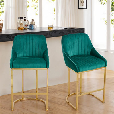 Thehotsale Set Of 2 Modern Velvet Green Upholstered Bar Stools With Metal Legs - image 1