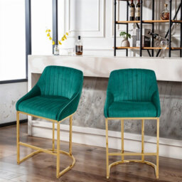 Thehotsale Set Of 2 Modern Velvet Green Upholstered Bar Stools With Metal Legs - thumbnail 2