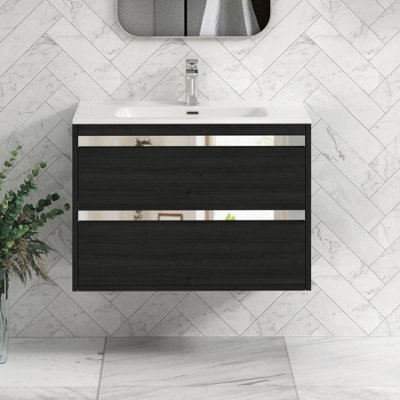 Royal Bathrooms Orion 800mm Wall Hung Bathroom Vanity Unit 2 Drawer Hale Black With Ceramic Basin & Chrome Accent Trim - image 1