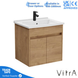 Vitra 600mm Wall Hung Bathroom Vanity Unit With 2 Doors & Basin - Golden Oak Includes Black Tap