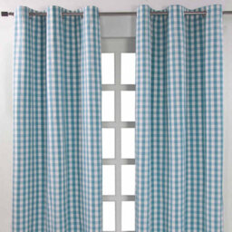Homescapes Cotton Blue Block Check Gingham Eyelet Curtains 137 X 228 Cm