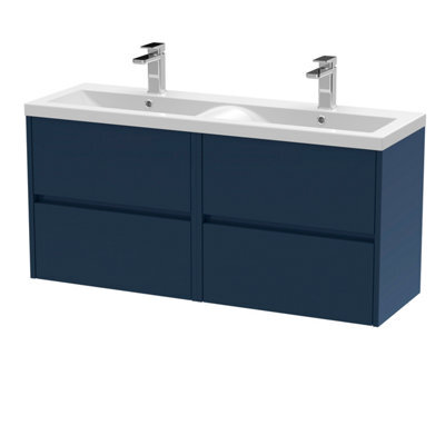 Nuie Havana Wall Hung 4-Drawer Unit & Double Ceramic Basin, Modern Sink Vanity Unit In Midnight Blue With White Basin - image 1