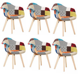 Life Interiors Set Of 6 Multicolor Patchwork Fabaric Upholstered Accent Chairs With Wooden Legs, Mid-Century Modern Armchair - thumbnail 1