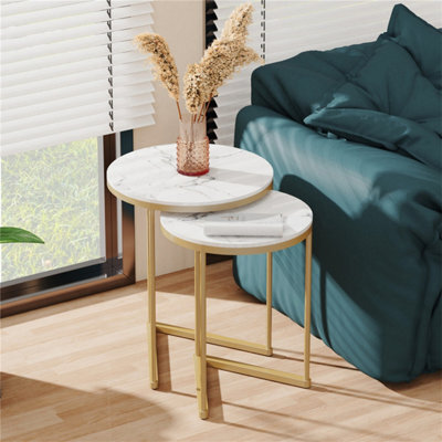 Fativo 55Cm Height Coffee Side End Table With Golden Frame Nightstand Storage Living Room, White Sintered Stone Marble - image 1