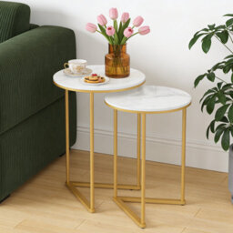Fativo 55Cm Height Coffee Side End Table With Golden Frame Nightstand Storage Living Room, White Sintered Stone Marble - thumbnail 9