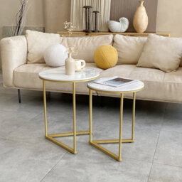 Fativo 55Cm Height Coffee Side End Table With Golden Frame Nightstand Storage Living Room, White Sintered Stone Marble - thumbnail 3