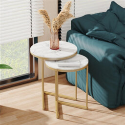 Fativo 55Cm Height Coffee Side End Table With Golden Frame Nightstand Storage Living Room, White Sintered Stone Marble