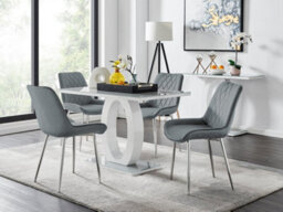 Furniturebox Giovani Rectangular 4 Seat White High Gloss Unique Halo Base Dining Table Grey Glass Top 4 Grey Velvet Silver Leg Pesaro Chairs