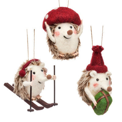 Sass & Belle Christmas Set Of Three Handmade Felt Hedgehog Tree Decorations With Rustic Twine, 5 X 8 Cm Each