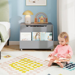 Costway Mobile Toy Storage Organizer Kids Toy Box W/ Bookshelf & Wheels-Grey - thumbnail 9