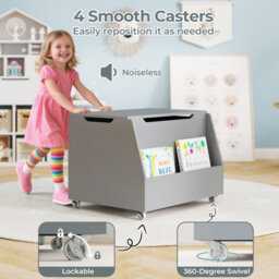 Costway Mobile Toy Storage Organizer Kids Toy Box W/ Bookshelf & Wheels-Grey - thumbnail 5