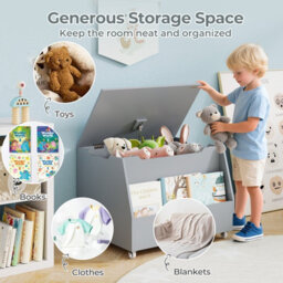 Costway Mobile Toy Storage Organizer Kids Toy Box W/ Bookshelf & Wheels-Grey - thumbnail 4