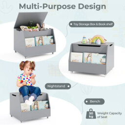 Costway Mobile Toy Storage Organizer Kids Toy Box W/ Bookshelf & Wheels-Grey - thumbnail 3
