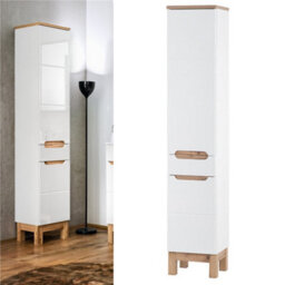 Impact Furniture Tall Bathroom Storage Cabinet With Drawer Freestanding Tall Slim Narrow Unit White Gloss And Oak Bali - thumbnail 1