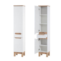Impact Furniture Tall Bathroom Storage Cabinet With Drawer Freestanding Tall Slim Narrow Unit White Gloss And Oak Bali - thumbnail 2
