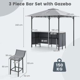 Costway 3-Piece Patio Bar Set 245 X 245 Cm Double-Tier Grill Gazebo-Grey - thumbnail 2