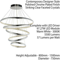 Led Ceiling Pendant Light 97W Warm White Chrome & Crystal 5 Ring/hoop Strip Lamp - thumbnail 2