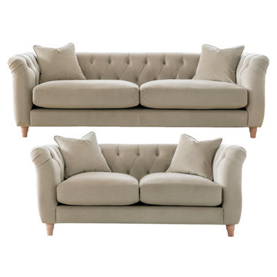 Furnishings For Less UK Elsie Velvet Chesterfield Plush Velvet Putty 3 Seater + 2 Seater Sofa - image 1