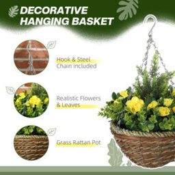 Outsunny 2 Pcs Artificial Lisianthus Flower Hanging Planter Basket Yellow - thumbnail 4
