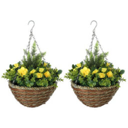 Outsunny 2 Pcs Artificial Lisianthus Flower Hanging Planter Basket Yellow - thumbnail 2