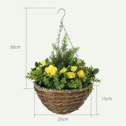 Outsunny 2 Pcs Artificial Lisianthus Flower Hanging Planter Basket Yellow - thumbnail 3