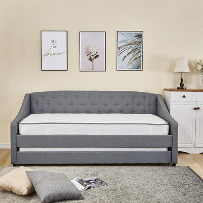 Kosy Koala Daybed With Trundle Grey 3Ft Single With 2 Mattresses Fabric Tufted Wooden Bedroom - image 1