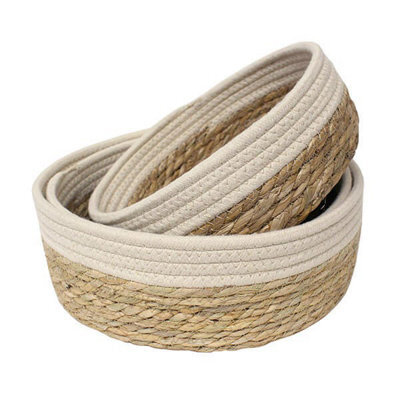 Leaf & Loom Set Of 3 Round Cream Border Bulrush Baskets