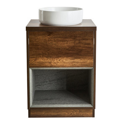 Homestylestore Dark Oak 600mm Bathroom Vanity Unit Open Shelf With Round Countertop Basin & Led Light - image 1