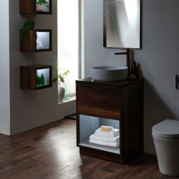 Homestylestore Dark Oak 600mm Bathroom Vanity Unit Open Shelf With Round Countertop Basin & Led Light - thumbnail 3
