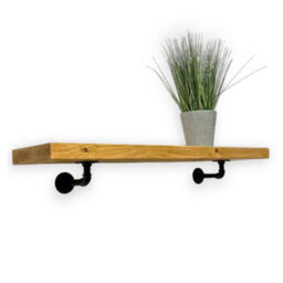 MKGT Wall-Mounted Wooden Shelf With Pipe Brackets (Rustic Pine, 90Cm Long)