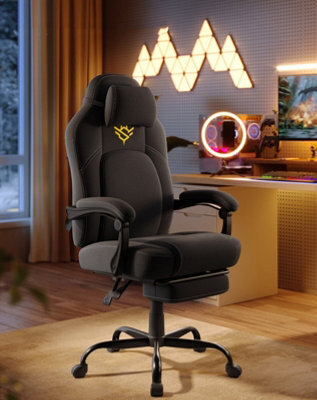 LEDREM Gaming Chair, Ergonomic Computer Chair With Footrest, Video Game Chair With Headrest, Cotton-Linen Fabric, Ink Black - image 1
