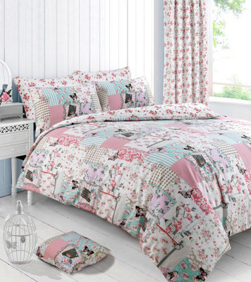 Velosso Charming Vintage Duvet Cover & Pillowcase Set, Cozy Floral Patchwork & Butterfly Design Machine Washable - Pink