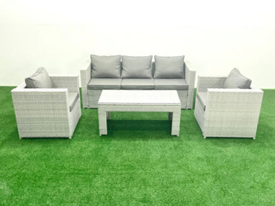 Fimous Rattan Garden Furniture Set 4 Pieces Outdoor Garden Sofa Oblong Coffee Table Set 2 Chairs Light Grey - image 1