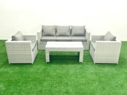 Fimous Rattan Garden Furniture Set 4 Pieces Outdoor Garden Sofa Oblong Coffee Table Set 2 Chairs Light Grey - thumbnail 1
