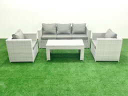 Fimous Rattan Garden Furniture Set 4 Pieces Outdoor Garden Sofa Oblong Coffee Table Set 2 Chairs Light Grey - thumbnail 2